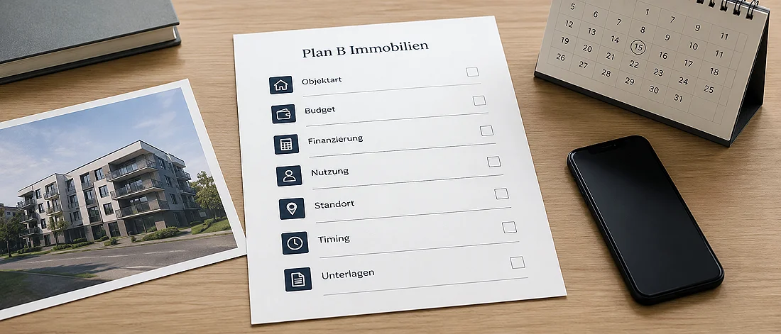Auf einem Schreibtisch liegt eine Checkliste mit dem Titel „Plan B Immobilien Montenegro“, auf der Punkte wie Objekttyp, Budget, Finanzierung, Nutzung, Lage, Zeitplan und Unterlagen aufgeführt sind; daneben liegen ein Smartphone, ein Kalender, ein Foto eines Gebäudes und ein geschlossenes Buch.