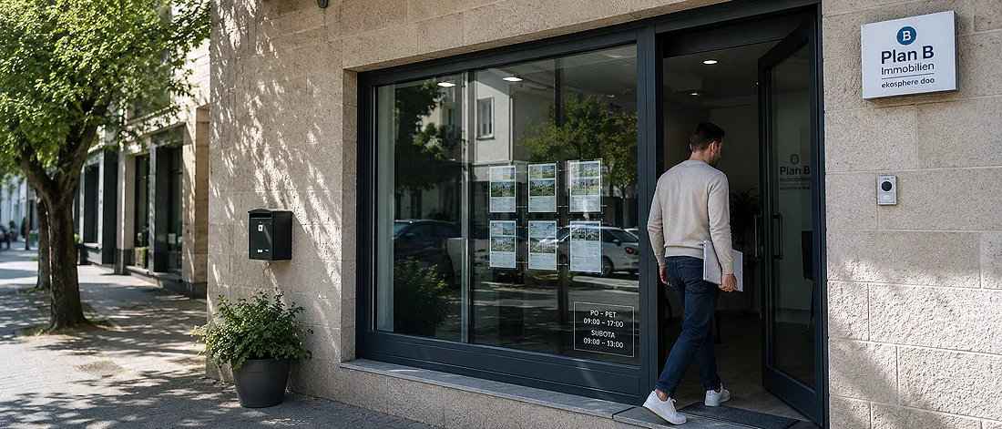 Ein Mann betritt durch eine Glastür ein Immobilienbüro namens „Plan B Immobilien Montenegro“. Im Schaufenster sind mehrere Immobilienanzeigen ausgestellt, und an der Steinmauer neben dem Eingang ist ein Briefkasten angebracht.