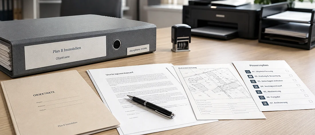 Ein Schreibtisch mit einem großen Ordner mit der Aufschrift „Plan B Immobilien Montenegro“, Unterlagen, einem Stift, einem Stempel, einem Notizblock und einem Drucker im Hintergrund. Zu den Unterlagen gehören Formulare, ein Grundriss und eine Checkliste.