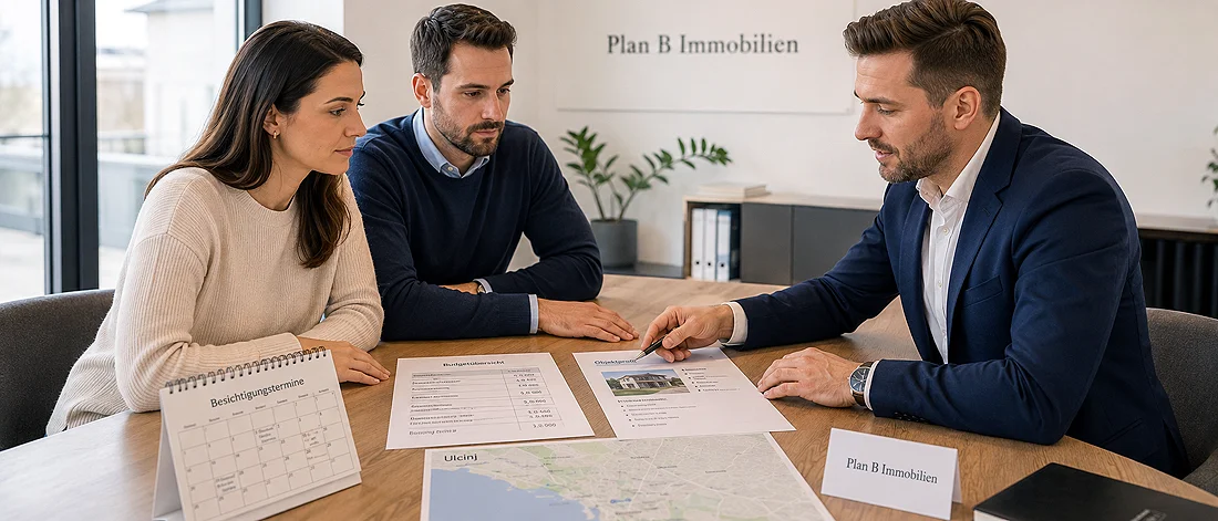 Ein Mann im Anzug sitzt mit einem Paar an einem Schreibtisch und bespricht ausgedruckte Unterlagen und eine Karte. An der Wand des Raums hängt ein Firmenschild mit der Aufschrift „Plan B Immobilien Montenegro“, und auf dem Tisch liegen Büromaterialien.