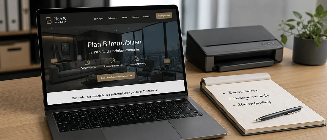 Auf einem Schreibtisch steht ein Laptop, auf dem die Website von Plan B Immobilien Montenegro zu sehen ist. Daneben liegen ein Notizblock mit handschriftlichen Notizen, ein Stift und ein Drucker. Der Arbeitsplatz wirkt aufgeräumt und modern.