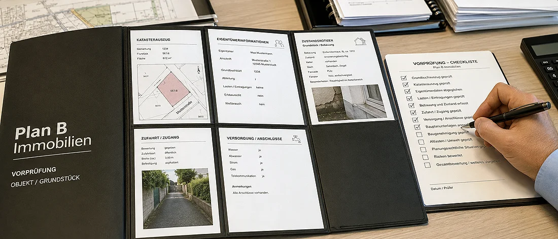 Eine Person füllt eine Checkliste auf einem Klemmbrett aus, das neben einem offenen Ordner mit der Aufschrift „Plan B Immobilien Montenegro“ liegt, der Immobilienunterlagen, Karten und Fotos enthält. Der Ordner steht auf einem Schreibtisch, auf dem Papiere und ein Taschenrechner liegen.